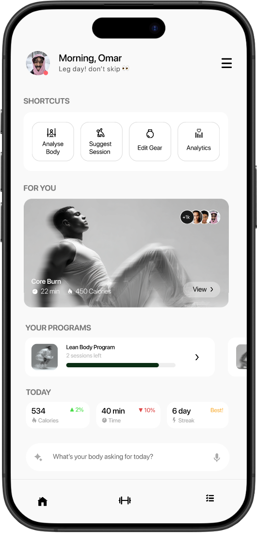 AthletiQ app home screen showing workout dashboard