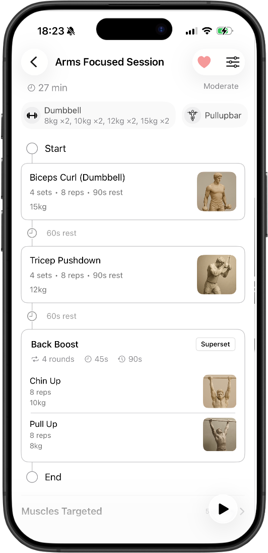 AthletiQ app workout tracking screen with exercise list